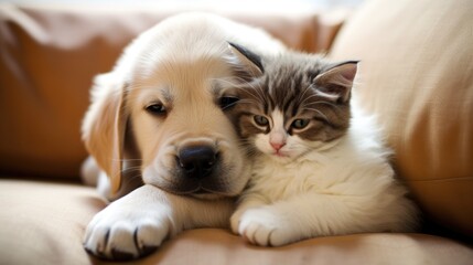 Golden retriever puppy cuddeling with cute cat kitty on a cozy sofa