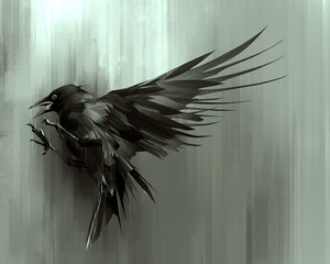 a painted raven bird in flight from the side