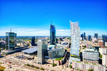 Fototapeta na wymiar Warsaw City Aerial View with Modern Skyscrapers during a Sunny Day