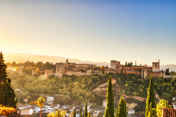 Fototapeta na wymiar Alhambra Fortress Aerial View at Sunrise, Granada, Andalusia