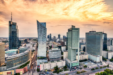 Warsaw City Aerial View with Modern Skyscrapers at Sunset