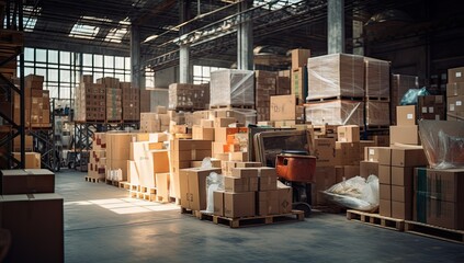 the warehouse is full of boxes and the floor is stocked with cardboard Generative AI