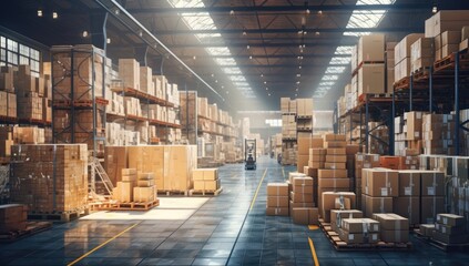 a warehouse with large amount of boxes and pallets of boxes Generative AI