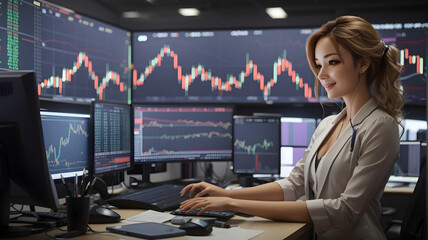 Woman works in forex trading station. she is in researching smilingly mood.
