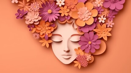 Fall Illustration of a face and flowers in paper cut style. Autumn creative design with floral elements. Perfect for creative concept