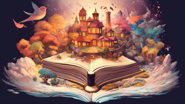 Illustration of a magical book with fantastical scenes. Sparks imagination and wonder. Perfect for fantasy and storytelling themes