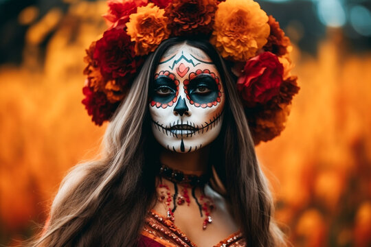 close-up young woman with make-up at the festival Day of the Dead - Dia de los Muertos - a holiday dedicated to the memory of the dead.against the backdrop of illumination. 