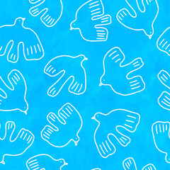 White outline abstract birds in the sky seamless pattern. Blue textured background