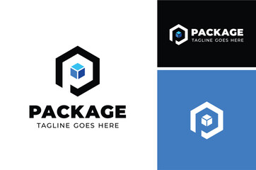 Initial Letter P Package Parcel with Hexagon Gift Box Cube for Cargo Warehouse Freight Logistic Logo Design - obrazy, fototapety, plakaty