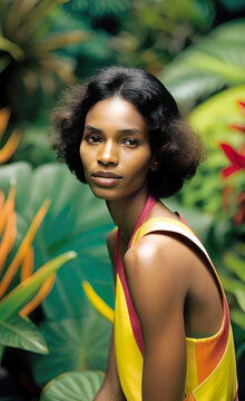 Portrait of a pretty young slim black woman in colorful clothes standing against a background of tropical plant leaves