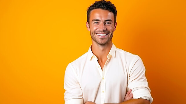 happy handsome young man standing wearing summer shirt isolated on orange background