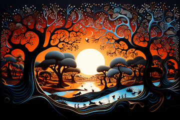 Vibrant Aboriginal Paper Cut: Psychedelic Ultradetail Art