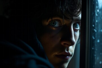 A suspenseful scene with a person looking out of a window, fearing that danger is lurking in the darkness. Generative Ai