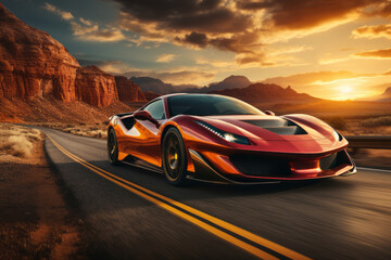 Naklejka premium A futuristic sleek sports car racing down an empty highway at sunset, showcasing the thrill of high-speed driving. Generative AI