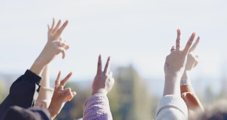 Peace, hands and group outdoor with sign of support for community volunteer, teamwork or hope. Friends, charity and closeup of v emoji fingers for collaboration, society and solidarity and equality - Powered by Adobe
