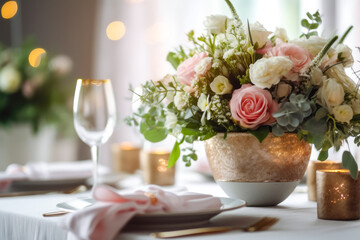 Beautiful table setting with crockery and flowers for a party, wedding reception or other festive event