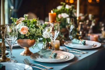 Fototapeta premium Beautiful table setting with crockery and flowers for a party, wedding reception or other festive event