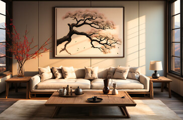 an oriental painting is prominent in the living room
