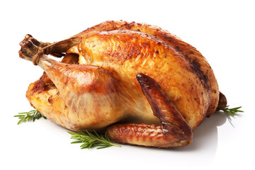 Whole roasted chicken on a white background. Grilled chicken. 