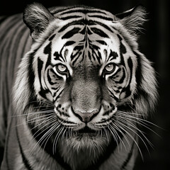 A black and white image of a tigers face looking right at you with a menacing stare with a shadow type background.