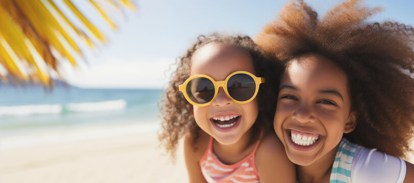 Two African American sisters girls have fun and enjoy a paradisiacal beach on a sunny day during the summer holidays,copy space