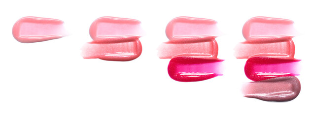 Pink red gold brown shimmering lip gloss texture composition isolated on white background. Cosmetic product smear smudge swatch