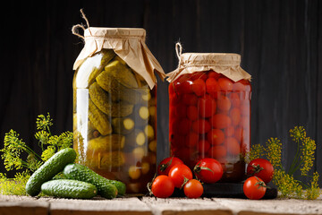Canned cucumbers and cherry tomatoes in jars and fresh vegetables for preservation on a wooden...