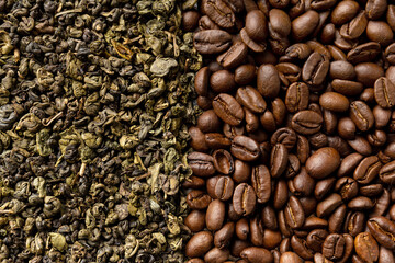 Background of green tea leaves and coffee beans copy space
