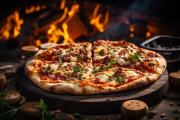 Delicious Italian pizza served on rustic wooden board. Hot fresh pizza pulled out of the wooden oven after baked. Generative AI