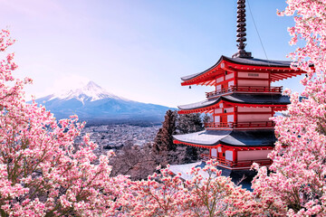 A famous place in Japan with the Chureito Pagoda and Mount Fuji during the spring	