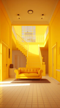 Interior of yellow room with yellow sofa and stairs. 3D rendering