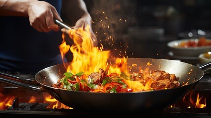 a person mixing food in a wok with flames