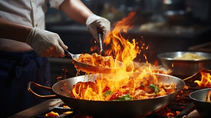 a person mixing food in a wok with flames - obrazy, fototapety, plakaty