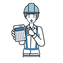 立って電卓を指差してこちらに向けて見せている工事現場の女性
