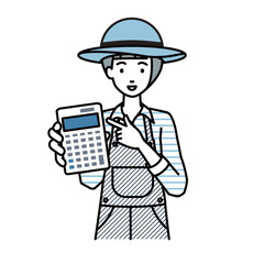 立って電卓を指差してこちらに向けて見せている農家の女性