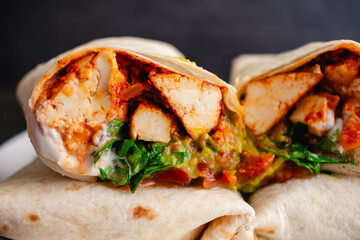 Close-up View of a Sofritas Burrito Sliced in Half: Spicy tofu burrito filled with guacamole, vegan sour cream, cilantro, lettuce, salsa, and tomatoes