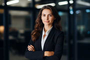 Happy ceo business woman standing in office with arms crossed. Confident smiling professional executive manager, proud lawyer, business leader in suit. AI generated realistic illustration