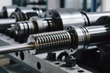 Close-up of a ball screw in a factory setting, surrounded by other machinery and equipment
