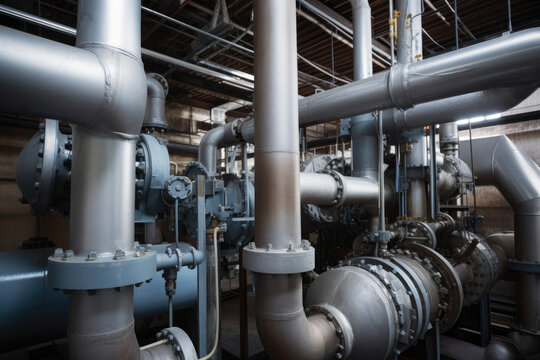 Close-up of a Baghouse filter system showing its intricate network of pipes and valves amidst a backdrop of industrial machinery