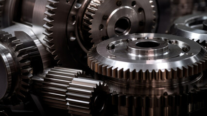 Close-up of a gearbox with gears meshing together in perfect synchronization