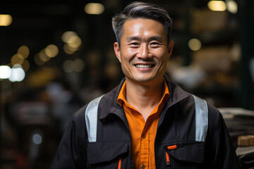 Fototapeta premium Asian male EHS manager in a manufacturing environment. Business. industry. factory. company. AI generated hyper realistic illustration