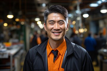 Fototapeta premium Asian male EHS manager in a manufacturing environment. Business. industry. factory. company. AI generated hyper realistic illustration