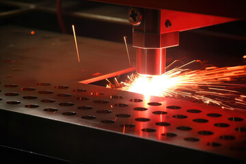 Close-up of a plasma cutter's tip as it glows bright red-hot, melting through thick metal sheets with ease