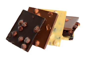 Different types chocolate isolated on transparent background. Cut out dark, white, milk chocolate with whole nuts png. Mixed pieces. Element for sweets shop advertising, candy packaging layout design