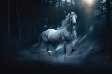 Fairy horse walking in forest. Ai art. Fantasy background