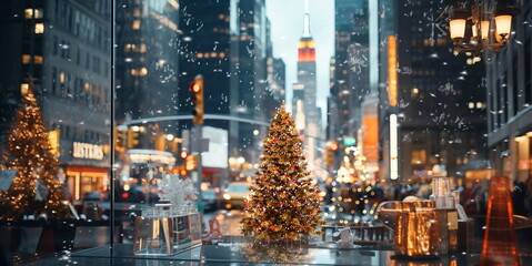  Christmas tree on festive  city street in New York urban life ,people walk ,car traffic light  view from street cafe windows glass reflection on vitrines  - 630134310