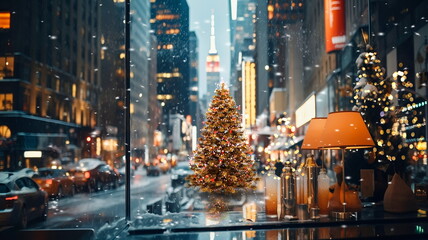 Obraz premium Christmas tree on festive city street in New York urban life ,people walk ,car traffic light view from street cafe windows glass reflection on vitrines 