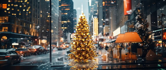  Christmas tree on festive  city street in New York urban life ,people walk ,car traffic light  view from street cafe windows glass reflection on vitrines 