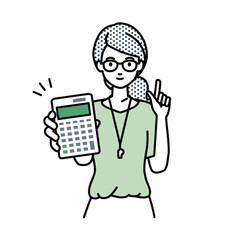 a woman teacher recommending, proposing, showing estimates and pointing a calculator with a smile