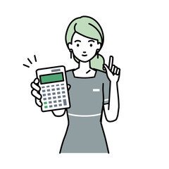 an esthetician, receptionist woman recommending, proposing, showing estimates and pointing a calculator with a smile